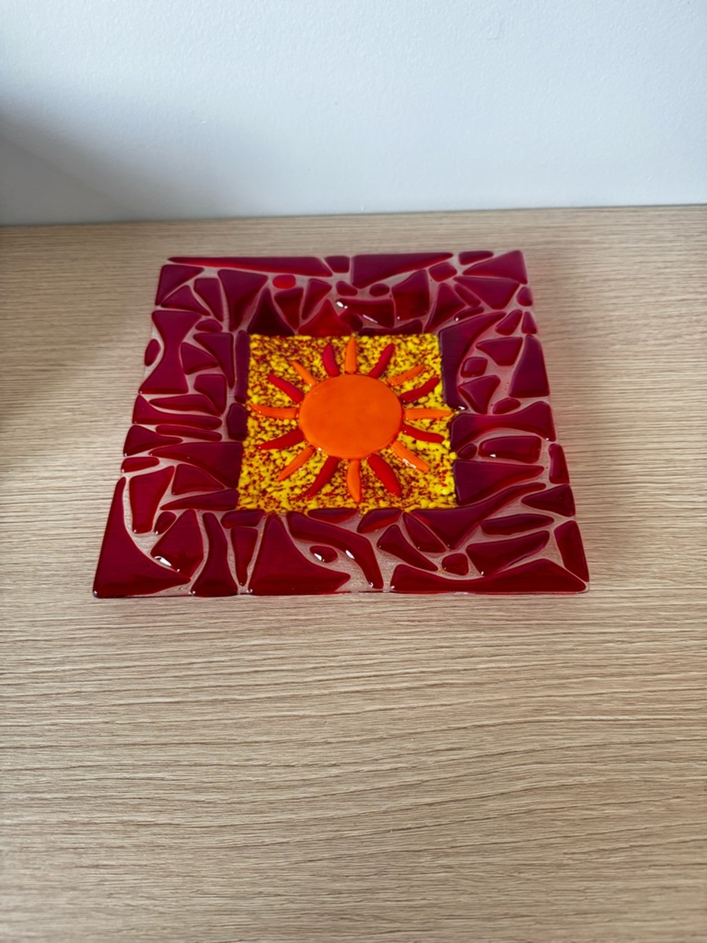 Handcrafted Red and Orange Fused Glass Sun Mosaic Decorative Plate